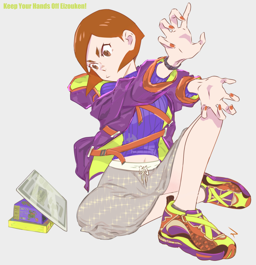 1girl bob_cut brown_eyes brown_hair copyright_name eizouken_ni_wa_te_wo_dasu_na! highres inverted_bob jacket matahei mizusaki_tsubame multicolored_footwear navel open_clothes open_jacket orange_nails orange_trim purple_jacket shiny_clothes shiny_legwear short_hair signature simple_background solo watch wristwatch