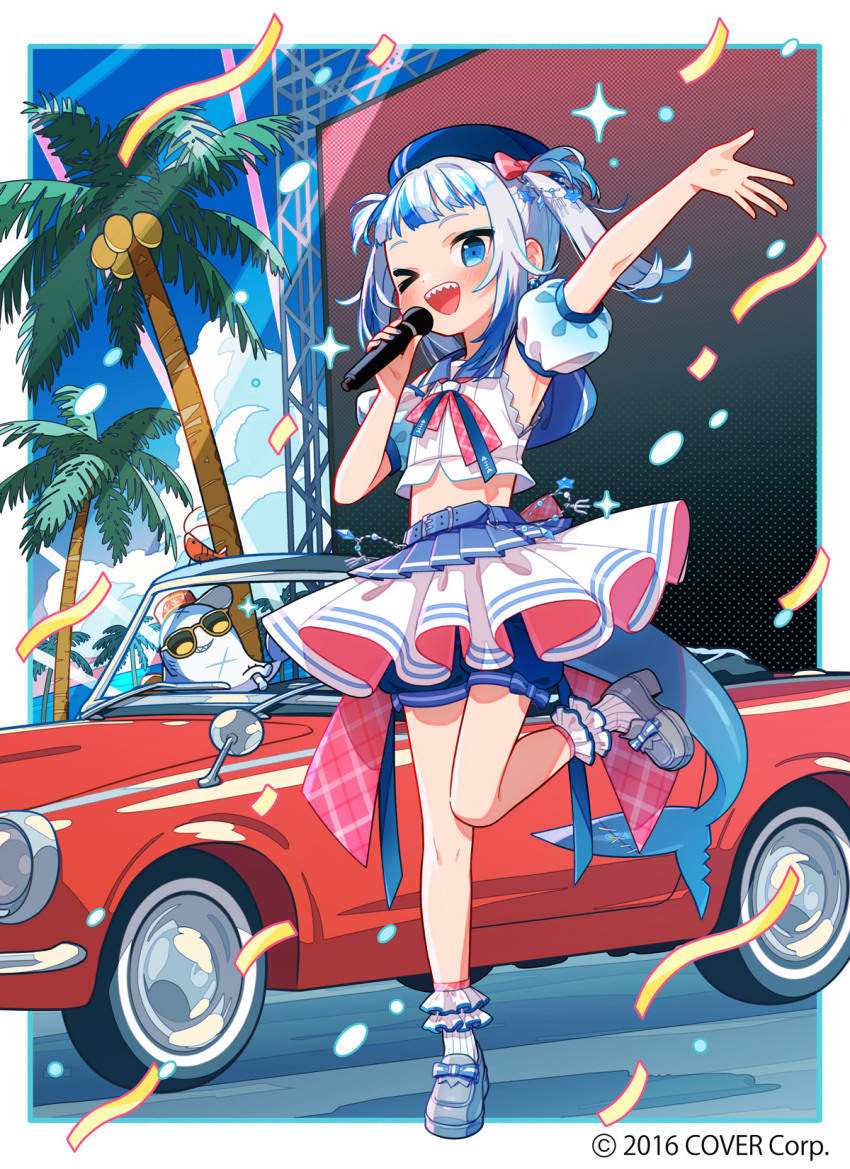 &gt;_o 1girl :d alternate_costume arm_up belt beret bloop_(gawr_gura) blue_belt blue_eyes blue_hair blue_hat blue_sailor_collar blue_shorts blue_sky blunt_bangs border bow car cloud coconut_tree commentary_request confetti convertible copyright_notice cropped_shirt day detached_sleeves ebi-chan_(gawr_gura) fins fish_tail footwear_bow frilled_socks frills gawr_gura grey_footwear grey_hair hair_bow hat highres holding holding_microphone hololive hololive_english light_rays loafers looking_at_viewer medium_hair microphone midriff miniskirt motor_vehicle multicolored_hair music neckerchief ocean official_art one_eye_closed open_mouth outdoors palm_tree pink_skirt pleated_skirt puffy_short_sleeves puffy_shorts puffy_sleeves red_car red_neckerchief sailor_collar screen shark_girl shark_tail sharp_teeth shirt shoes short_shorts short_sleeves shorts shorts_under_skirt singing skirt sky smile socks solo standing standing_on_one_leg streaked_hair tail teeth tree twintails two-sided_fabric two-sided_skirt two_side_up uchako virtual_youtuber white_border white_shirt white_skirt white_socks