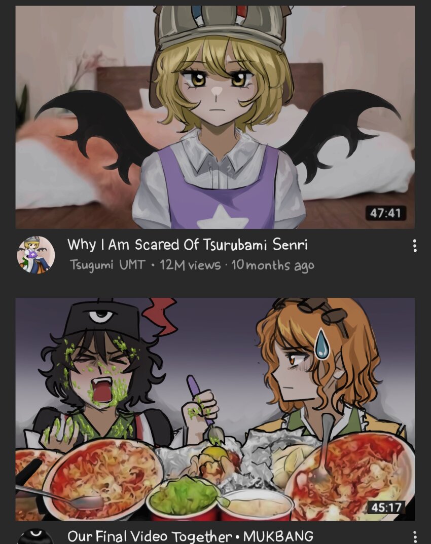 3others absurdres black_hair black_wings blonde_hair closed_eyes closed_mouth collared_shirt commentary english_commentary english_text eye_print food highres holding holding_spork len&#039;en looking_at_another looking_at_viewer looking_to_the_side m40u magnet medium_bangs meme messy mukbang multiple_others nikocado_avocado open_mouth orange_eyes other_focus pasta purple_vest senri_tsurubami shirt short_hair spaghetti spork star_(symbol) star_print sweatdrop umatachi_tsugumi upper_body vest white_shirt why_i_am_scared_of_nikocado_avocado_(meme) wings youtube zuifeng_tenkai