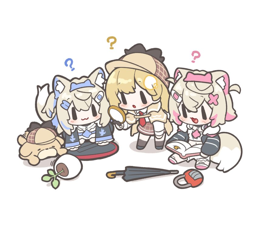 3girls :3 :d :o ? absurdres animal_ear_fluff animal_ears bent_over black_footwear black_sleeves blank_eyes blonde_hair blue_hair blush bob_cut book brown_coat brown_hat brown_skirt brown_socks bubba_(watson_amelia) chibi chibi_only closed_mouth coat commentary deerstalker detective dog_ears dog_girl dog_tail double-parted_bangs frills fuwawa_abyssgard fuwawa_abyssgard_(1st_costume) hair_ornament hairclip hat highres holding holding_magnifying_glass hololive hololive_english kneeling light_brown_hair lock long_sleeves magnifying_glass midriff_peek mococo_abyssgard mococo_abyssgard_(1st_costume) monocle multicolored_hair multiple_girls navel necktie open_book open_mouth pink_footwear pink_hair plant pleated_skirt potted_plant puffy_sleeves red_necktie shadow shirt simple_background sitting skirt smile snowmya socks solid_oval_eyes standing symbol-only_commentary tail tail_wagging tongue trench_coat two-tone_hair umbrella virtual_youtuber watson_amelia watson_amelia_(1st_costume) white_background white_shirt white_sleeves x_hair_ornament