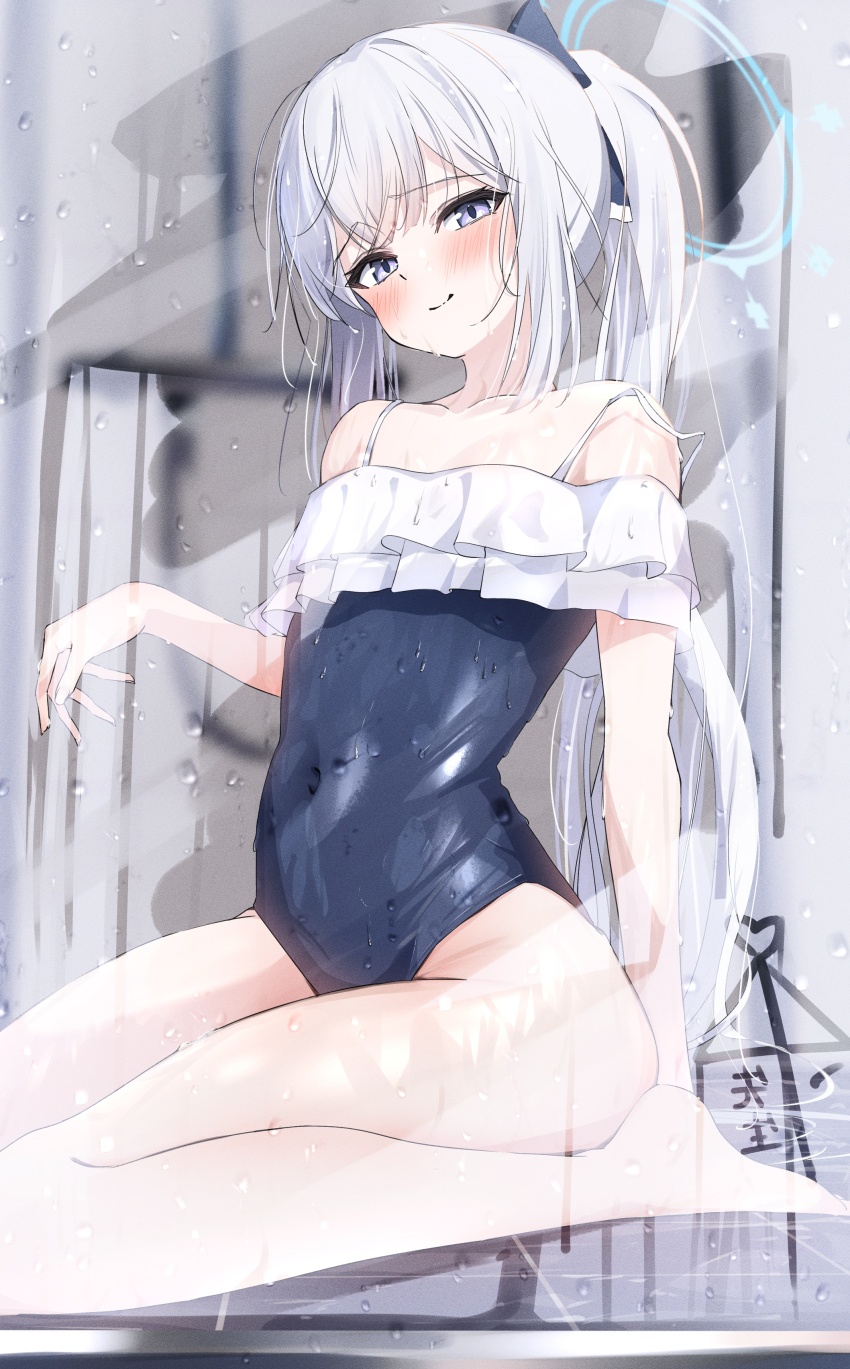 1girl absurdres ass barbell_piercing bare_arms bare_legs barefoot black_one-piece_swimsuit blue_archive blue_halo blush breasts casual_one-piece_swimsuit closed_mouth collarbone frilled_one-piece_swimsuit frills glass grey_hair halo highres kazu_(kauk3753) long_hair looking_at_viewer miyako_(blue_archive) miyako_(swimsuit)_(blue_archive) off-shoulder_one-piece_swimsuit off_shoulder official_alternate_costume one-piece_swimsuit piercing purple_eyes shower_(place) small_breasts solo swimsuit