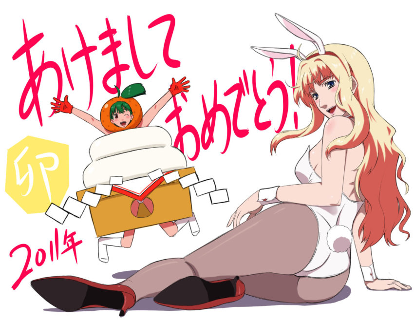 10s 2011 2girls akeome animal_ears ass blonde_hair costume dated fake_animal_ears food fruit happy_new_year high_heels kagami_mochi kazunari leotard long_hair macross macross_frontier mochi multiple_girls new_year one_eye_closed orange_(fruit) pantyhose playboy_bunny rabbit_ears rabbit_tail ranka_lee sheryl_nome shoes tail wagashi