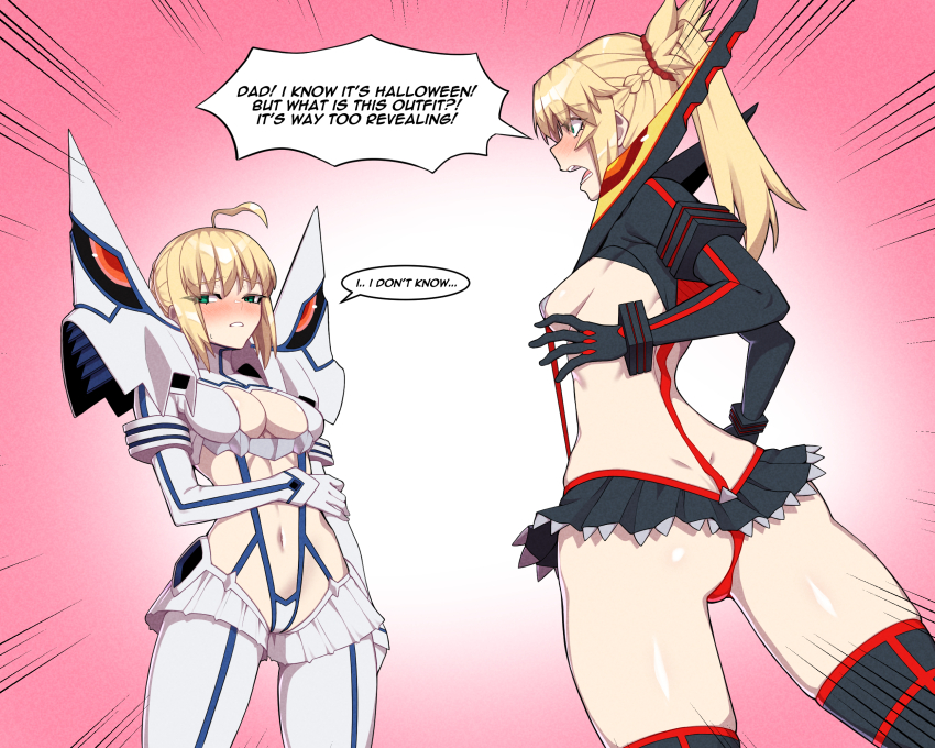 2girls ahoge artoria_pendragon_(all) artoria_pendragon_(fate) ass blonde_hair blush braid breasts cosplay dimples_of_venus embarrassed fate/grand_order fate_(series) gloves green_eyes hair_ornament highres hyperbudd junketsu junketsu_(cosplay) kiryuuin_satsuki kiryuuin_satsuki_(cosplay) long_hair matoi_ryuuko matoi_ryuuko_(cosplay) medium_breasts midriff mordred_(fate) mother_and_daughter multiple_girls navel ponytail red_scrunchie revealing_clothes saber_(fate) scrunchie senketsu senketsu_(cosplay) short_hair showgirl_skirt skindentation speech_bubble suspenders thighhighs thighs