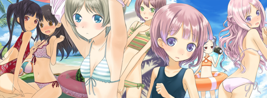 6+girls aged_down arms_up ass atelier_(series) atelier_meruru atelier_rorona atelier_totori bikini black_hair blue_eyes blue_hair blush breasts brown_eyes brown_hair buntan camera female_focus filly_erhard flat_chest grabbing_another&#039;s_breast green_eyes groping gust half_updo hom_(atelier) hom_(female) innertube keina_swaya long_hair looking_back medium_breasts merurulince_rede_arls mimi_houllier_von_schwarzlang multiple_girls one-piece_swimsuit ponytail purple_eyes red_eyes rorolina_frixell school_swimsuit short_hair side-tie_bikini_bottom small_breasts swim_ring swimsuit totooria_helmold twintails undressing