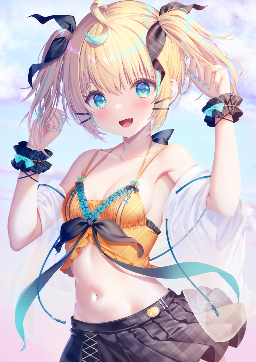 1girl ahoge black_skirt blonde_hair blue_eyes blue_hair blue_nails crop_top hair_ornament hairclip highres millie_parfait multicolored_hair nijisanji nijisanji_en pleated_skirt skirt solo streaked_hair twintails virtual_youtuber zzz_(zzz00166403zzz)