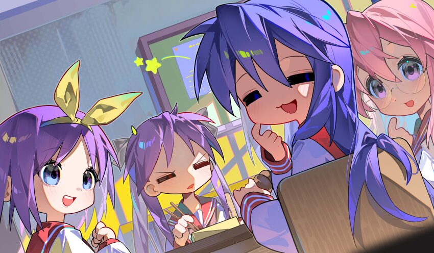 4girls :3 absurdres blue_eyes blue_hair bow_hairband chair chopsticks closed_eyes commentary glasses hairband highres hiiragi_kagami hiiragi_tsukasa hiro_(yoshi_chan) holding holding_chopsticks izumi_konata long_hair long_sleeves lucky_star medium_hair multiple_girls open_mouth pink_eyes pink_hair purple_hair ryouou_school_uniform school_uniform serafuku smile star_(symbol) table takara_miyuki twintails