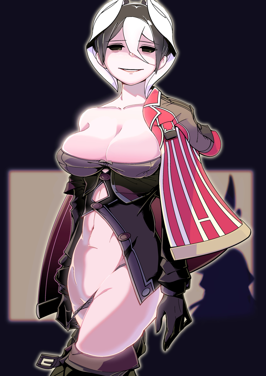 1girl absurdres black_eyes black_hair black_panties breasts cape cleavage clothes_pull groin highres large_breasts looking_at_viewer made_in_abyss mikiji multicolored_hair navel off_shoulder open_clothes ozen panties panty_pull pulling_own_clothes shiny_skin short_hair skindentation smile solo standing two-tone_hair underwear undressing white_hair