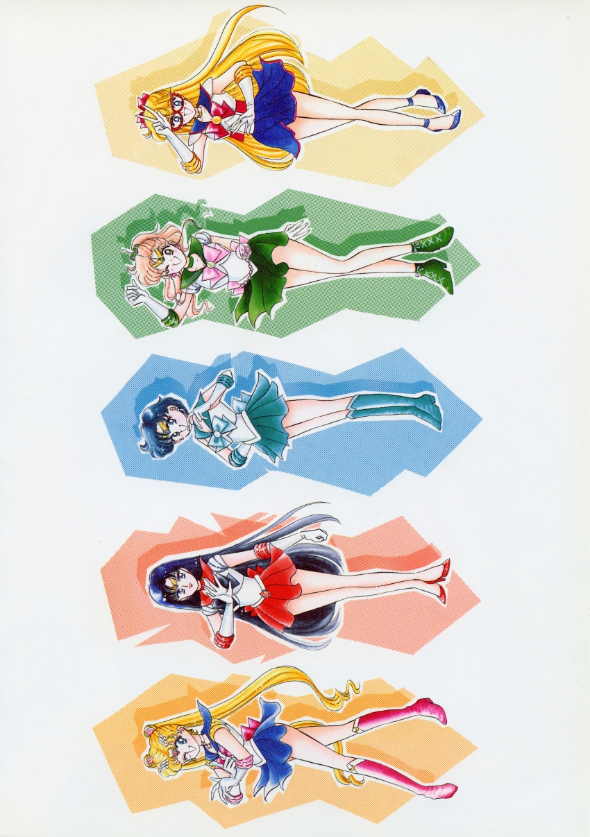 1990s_(style) 5girls absurdres aino_minako artbook bishoujo_senshi_sailor_moon black_hair blonde_hair blue_boots blue_hair blue_sailor_collar blue_shoes blue_skirt boots brown_hair choker codename_wa_sailor_v double_bun drop_shadow earrings exif_rotation green_choker green_sailor_collar green_shoes green_skirt group_picture hair_bun hand_up highres hino_rei incredibly_absurdres inner_senshi jewelry kino_makoto long_hair magical_girl mask mizuno_ami multiple_girls official_alternate_costume official_art one_eye_closed pleated_skirt red_boots red_choker red_high_heels red_mask red_sailor_collar red_skirt retro_artstyle sailor_collar sailor_jupiter sailor_mars sailor_mercury sailor_moon sailor_moon_pose sailor_senshi_uniform sailor_v sailor_venus scan shoes short_hair skirt straight_hair takeuchi_naoko tsukino_usagi very_long_hair