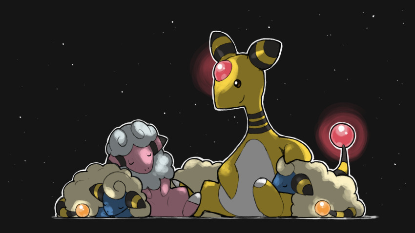 ampharos black_background blacknirrow closed_eyes closed_mouth commentary creatures_(company) english_commentary evolutionary_line flaaffy game_freak gen_2_pokemon glowing highres mareep nintendo no_humans pokemon pokemon_(creature) simple_background sitting smile