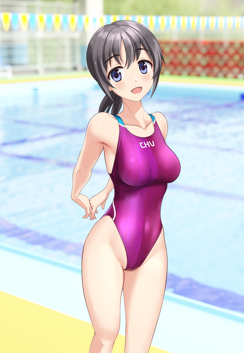 1girl absurdres arms_behind_back black_hair blue_eyes blurry blurry_background breasts clothes_writing commentary_request competition_swimsuit covered_navel feet_out_of_frame highleg highleg_one-piece_swimsuit highres low_ponytail medium_breasts medium_hair multicolored_clothes multicolored_swimsuit one-piece_swimsuit original pool poolside purple_one-piece_swimsuit solo stretching string_of_flags swimsuit takafumi variant_set walking