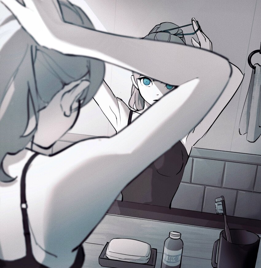 1girl arms_up bare_arms bare_shoulders bathroom black_shirt black_straps blue_eyes breasts cup glass greyscale hair_between_eyes hair_tie highres kimura_731 long_hair looking_ahead looking_at_mirror medium_breasts mirror monochrome mug original parted_lips ponytail reflection shadow shampoo shampoo_bottle shirt shirt_straps sleeveless sleeveless_shirt soap solo strap toothbrush towel tying_hair upper_body wall