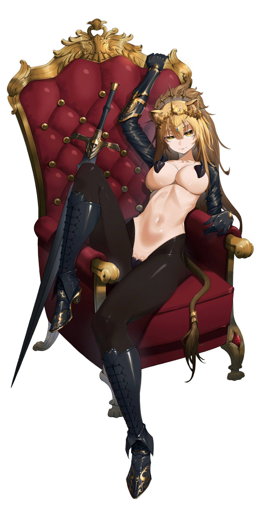 1girl absurdres animal_ears arknights black_gloves black_pantyhose black_shrug blonde_hair boots breasts cleavage cleft_of_venus closed_mouth collarbone commentary couch ghosty_(xiaobai) gloves head_chain heart_maebari highres jewelry large_breasts lion_ears lion_girl lion_tail long_hair looking_at_viewer maebari meme_attire navel on_couch pantyhose reverse_bunnysuit reverse_outfit shrug_(clothing) siege_(arknights) simple_background sitting solo spiked_hair_ornament sword tail tiara variant_set vina_victoria_(arknights) weapon white_background yellow_eyes