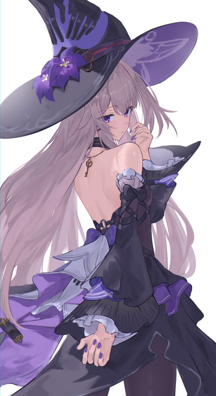 1girl absurdres back backless_dress backless_outfit black_dress black_hat brown_hair commentary cowboy_shot dress frilled_sleeves frills from_behind hat highres honkai:_star_rail honkai_(series) long_hair long_sleeves looking_back nail_polish purple_eyes purple_nails sasa_(sasa_ekakiman) simple_background solo the_herta_(honkai:_star_rail) very_long_hair white_background wide_sleeves witch_hat