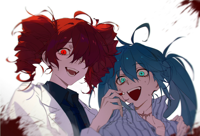 2girls ahoge antenna_hair black_shirt blue_eyes blue_hair blue_shirt coat collared_shirt drill_hair fangs hair_over_one_eye hatsune_miku highres igaku_(utau) kasane_teto looking_at_viewer migan multiple_girls necktie one_eye_covered open_mouth pill portrait purple_necktie red_hair scar scar_on_neck shirt striped_clothes striped_shirt sweat teeth twintails upper_teeth_only utau vocaloid white_background white_coat wing_collar