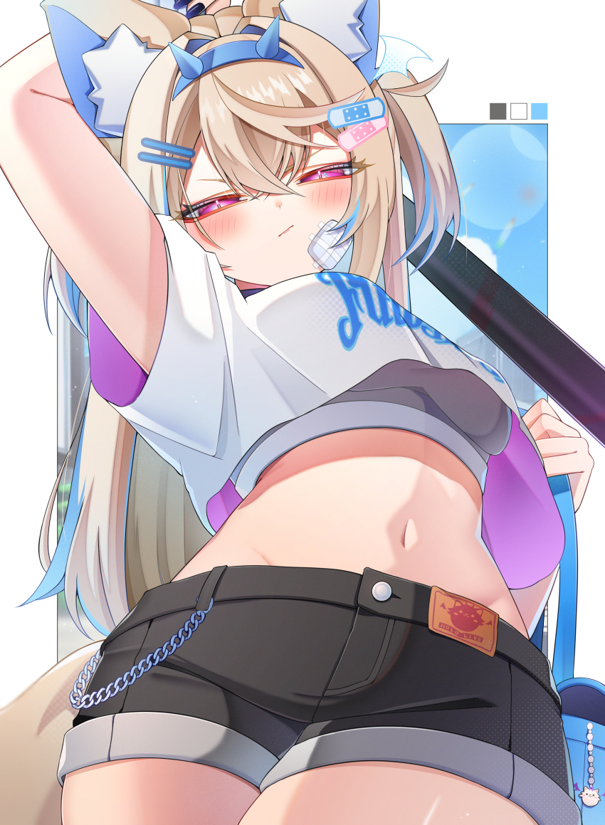 1girl absurdres alternate_costume animal_ear_fluff animal_ears bag baseball_bat black_shorts blonde_hair blue_hair blush border breasts commentary crop_top cropped_shirt denim denim_shorts dog_ears dog_girl dog_tail doom_yorusen double-parted_bangs from_below fuwawa_abyssgard hair_between_eyes hairband highres holding holding_bag holding_baseball_bat hololive hololive_english large_breasts long_hair looking_at_viewer looking_down midriff navel pink_eyes shirt shorts solo spiked_hairband spikes symbol-only_commentary tail two_side_up virtual_youtuber white_border white_shirt