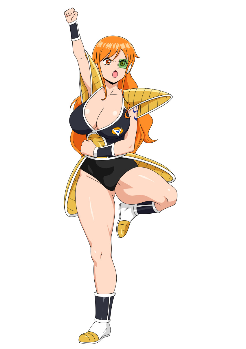 1girl breasts cosplay dragon_ball dragonball_z large_breasts long_hair nami_(one_piece) one_piece orange_hair