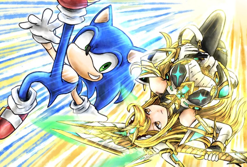 1boy 1girl aegis_sword_(xenoblade) blonde_hair breasts furry furry_male gloves green_eyes hand_on_own_hip kicdon looking_at_another mythra_(massive_melee)_(xenoblade) mythra_(xenoblade) nintendo rotational_symmetry sonic_(series) sonic_the_hedgehog super_smash_bros. white_gloves xenoblade_chronicles_(series) xenoblade_chronicles_2 yellow_eyes