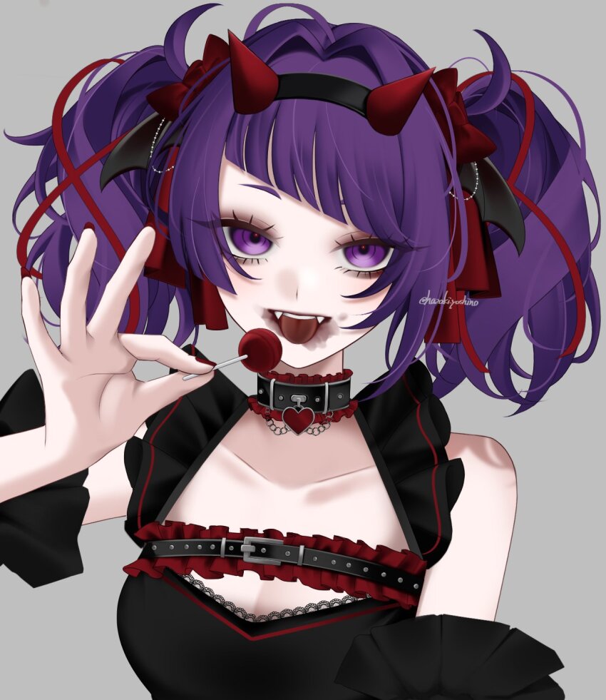 1girl bare_shoulders candy detached_sleeves diagonal_bangs eyeliner fake_horns fangs food hazaki_yoshino highres holding holding_candy holding_food holding_lollipop horns idolmaster idolmaster_shiny_colors lollipop long_hair looking_at_viewer makeup purple_eyes purple_hair red_lips red_nails smile solo tanaka_mamimi teeth tongue tongue_out twintails