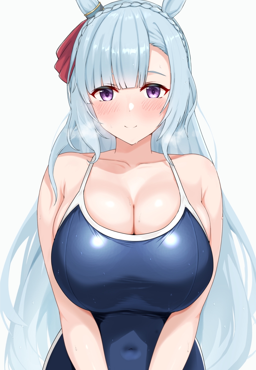 1girl absurdres animal_ears blue_hair blue_one-piece_swimsuit bow braid breasts closed_mouth covered_navel ear_ribbon grey_background highres large_breasts long_hair looking_at_viewer mejiro_ardan_(umamusume) one-piece_swimsuit raindrop746079 red_ribbon ribbon school_swimsuit simple_background smile solo swimsuit tracen_swimsuit umamusume