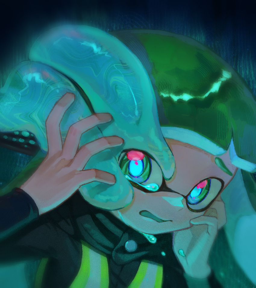 1girl agent_3_(splatoon) black_background black_shirt blue_pupils blunt_bangs blurry colored_tongue crying crying_with_eyes_open depth_of_field dmwggg furrowed_brow glowing_pupils glowing_tears gradient_background green_eyes green_hair green_tongue green_vest grey_background hand_on_own_cheek hand_on_own_face hands_up high-visibility_clothing high-visibility_vest highres inkling long_hair long_sleeves looking_to_the_side material_growth motion_blur neck_warmer nintendo no_lineart painterly parted_lips pink_eyes portrait scared shirt solo splatoon_(series) splatoon_2 splatoon_2:_octo_expansion tears vest wavy_mouth