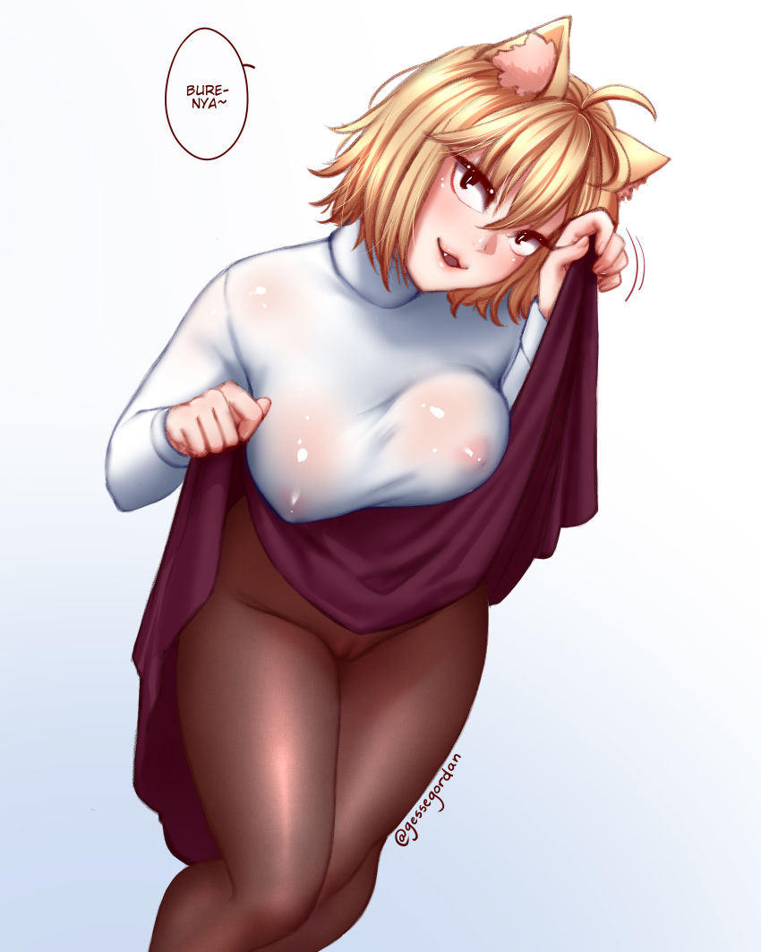 1girl absurdres ahoge animal_ear_fluff animal_ears arcueid_brunestud black_pantyhose blonde_hair cameltoe cat_eyes clothes_lift fang highres jesse_jordan neco-arc nipples covered_erect_nipples no_bra no_panties open_mouth pantyhose skirt skirt_lift solo thick_thighs thighs turtleneck white_background