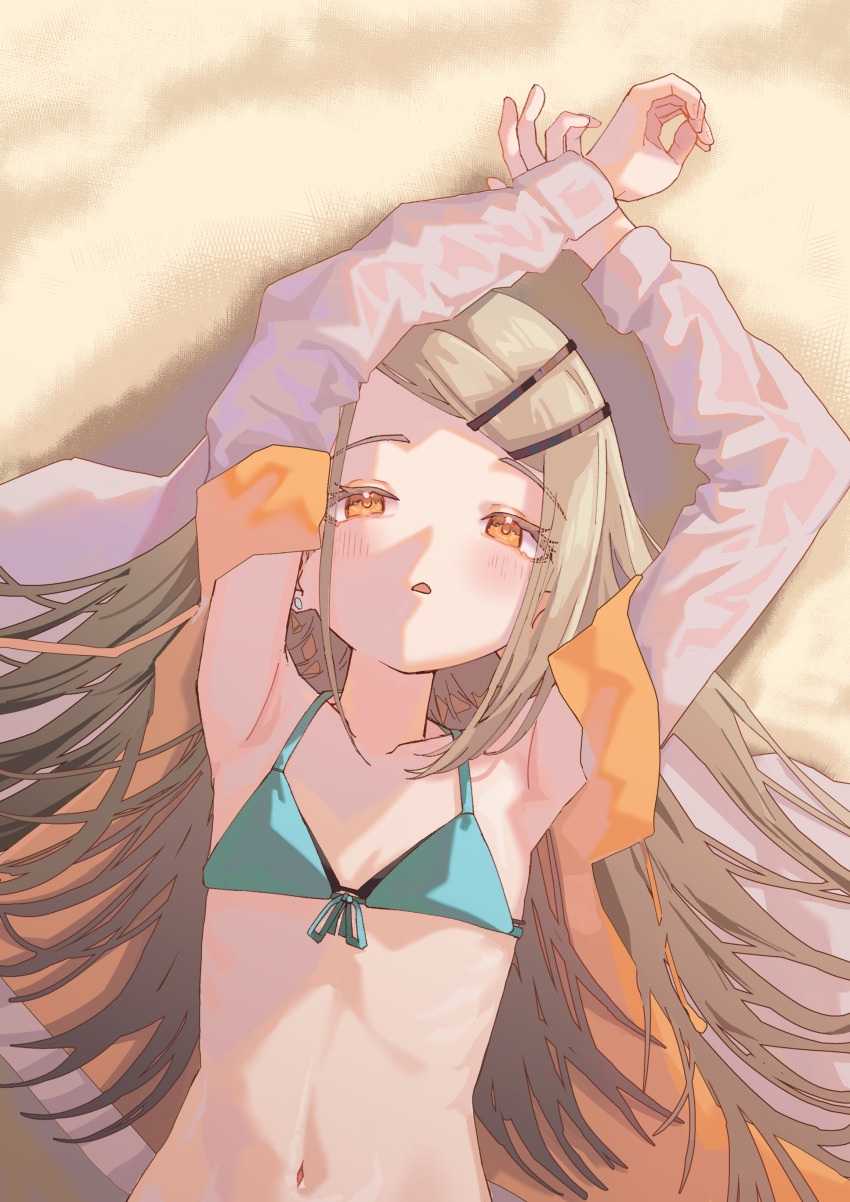 1girl :o absurdres armpits arms_up bikini blush colored_eyelashes flat_chest front-tie_bikini_top front-tie_top gakuen_idolmaster green_bikini hair_spread_out highres idolmaster jacket kimi_to_semi_blue_(idolmaster) kinako_mochi light_brown_hair long_hair looking_at_viewer lying navel on_back open_clothes open_jacket orange_eyes outdoors ribs shinosawa_hiro solo swept_bangs swimsuit two-sided_fabric two-sided_jacket upper_body very_long_hair