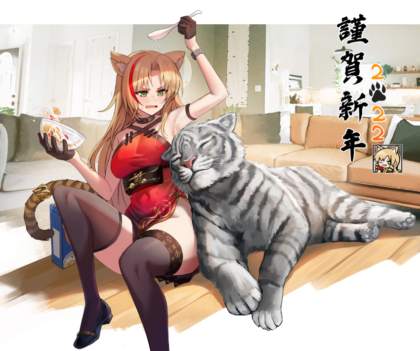 1girl 2022 animal animal_ear_fluff animal_ears arknights arm_strap arm_up armpits bag beruko14 black_choker black_footwear black_thighhighs blonde_hair blush bowl breasts brown_gloves cereal choker couch covered_navel dress fang gloves green_eyes happy_new_year highres holding holding_bowl holding_spoon indoors knee_up large_breasts long_hair looking_down multicolored_hair new_year no_headwear on_floor open_mouth parted_bangs pillow red_dress red_hair sitting sleeveless sleeveless_dress solo spoon streaked_hair sweatdrop swire_(arknights) tail tail_ornament tail_ring thighhighs tiger tiger_ears two-tone_hair v-shaped_eyebrows very_long_hair watch wooden_floor wristwatch