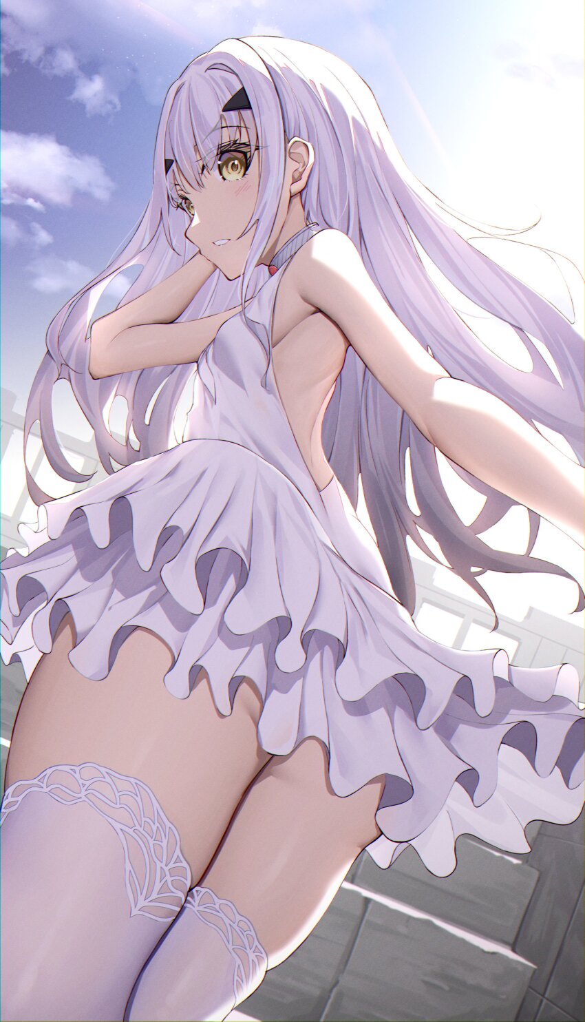 1girl absurdres ass bare_back bare_shoulders blush breasts dress fate/grand_order fate_(series) frilled_dress frills hand_up highres long_hair looking_at_viewer looking_back melusine_(fate) sidelocks small_breasts solo thighhighs toukan white_dress white_hair white_thighhighs yellow_eyes