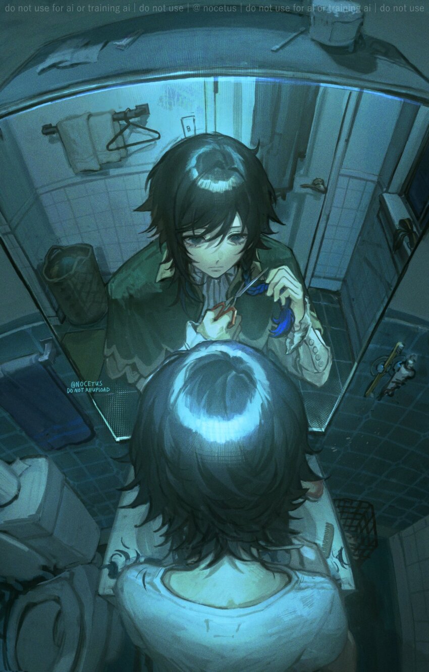 1boy artist_name bathroom black_hair closed_mouth cutting_hair cutting_own_hair dark different_reflection doorknob expressionless fisheye from_above from_behind genshin_impact highres holding holding_scissors indoors lower_eyelashes_only male_focus nocetus reflection sanpaku scissors shirt sidelocks sink swept_bangs tile_wall tiles toilet venti_(genshin_impact) watermark white_shirt