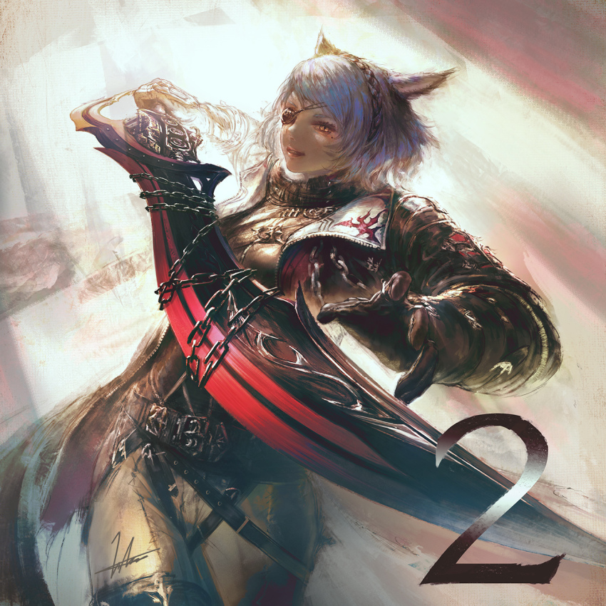 1girl animal_ears artist_request black_coat black_gloves blue_hair braid cat_ears coat cowboy_shot crown_braid eyepatch final_fantasy final_fantasy_xiv gloves grey_pants gunblade gunbreaker_(final_fantasy) highres holding holding_sword holding_weapon looking_at_viewer medium_hair miqo&#039;te mole mole_under_eye official_art one_eye_covered pants slit_pupils smile solo standing sword warrior_of_light_(ff14) weapon yellow_eyes