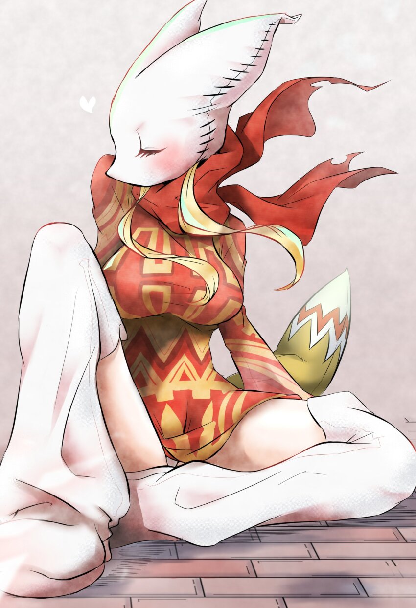 1girl animal_ears blonde_hair blush breasts closed_eyes fake_animal_ears fake_tail final_fantasy final_fantasy_tactics full_body heart highres long_sleeves mask medium_breasts mime_(fft) red_sleeves rorutorosarmon sitting solo sweater tail thighhighs