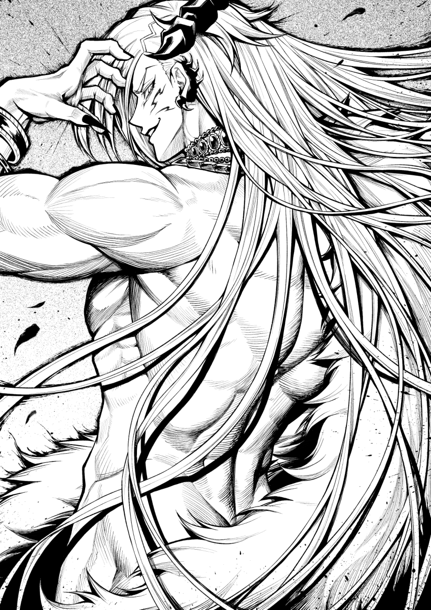 1boy abs absurdly_long_hair arihyu arm_up back back_muscles bara bare_shoulders beelzebub_(granblue_fantasy) bracelet claw_pose cloak earrings evil_grin evil_smile facial_mark fur-trimmed_cloak fur_trim gem gradient_background granblue_fantasy greyscale grin highres jewelry long_bangs long_hair looking_at_viewer looking_back male_focus monochrome multiple_bracelets multiple_necklaces muscular muscular_male necklace nude pectorals piercing sidepec smile solo spiked_ear_piercing topless_male unworn_clothes very_long_hair white_fur