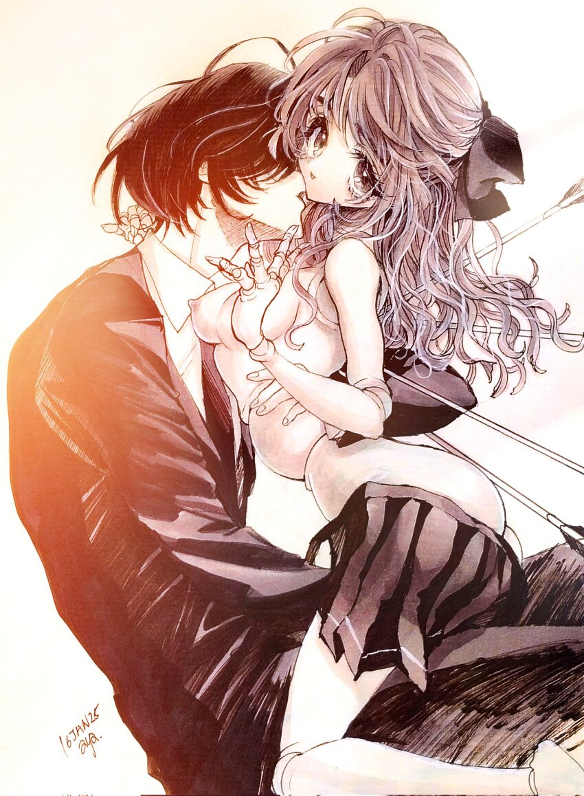 1boy 1girl arrow_(projectile) arrow_in_body ass aya_carmine bow breasts clothes_pull collared_shirt commentary_request doll_joints formal_clothes hair_bow hetero highres hitomi_hirosuke_(sayonara_wo_oshiete) hug joints kiss long_hair monochrome necktie nipples sayonara_wo_oshiete shirt skirt skirt_pull small_breasts suit topless traditional_media ueno_koyori wavy_hair