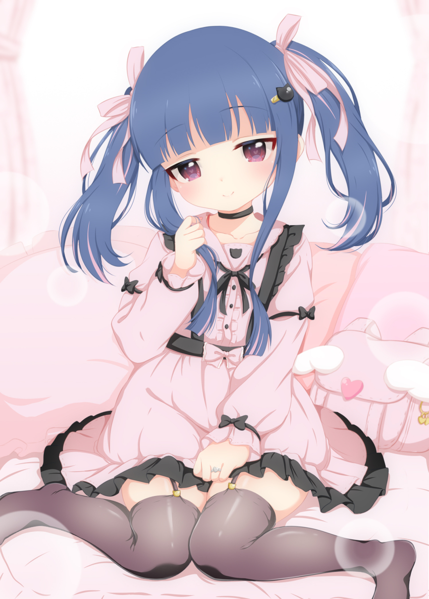 1girl bag black_bow black_choker black_ribbon black_thighhighs blue_hair blunt_bangs blurry blurry_background bow cat_hair_ornament choker collarbone commentary_request curtains depth_of_field dress garter_straps hair_ornament hair_ribbon hand_on_own_thigh heart heart_in_eye highres hosizora_mikoto idolmaster idolmaster_cinderella_girls jewelry jirai_kei knees_together_feet_apart long_hair long_sidelocks pillow pink_bow pink_dress pink_ribbon playing_with_own_hair purple_eyes ribbon ring sajo_yukimi sidelocks sitting smile solo symbol_in_eye thighhighs twintails wariza