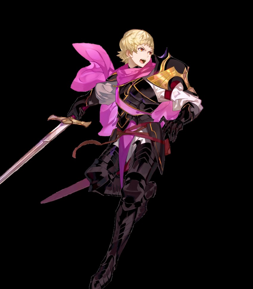 1boy arai_teruko armor armored_boots blonde_hair boots cape fire_emblem fire_emblem_fates fire_emblem_heroes full_body gloves highres male_focus nintendo official_art open_mouth orange_eyes siegbert_(fire_emblem) solo sword teeth transparent_background weapon