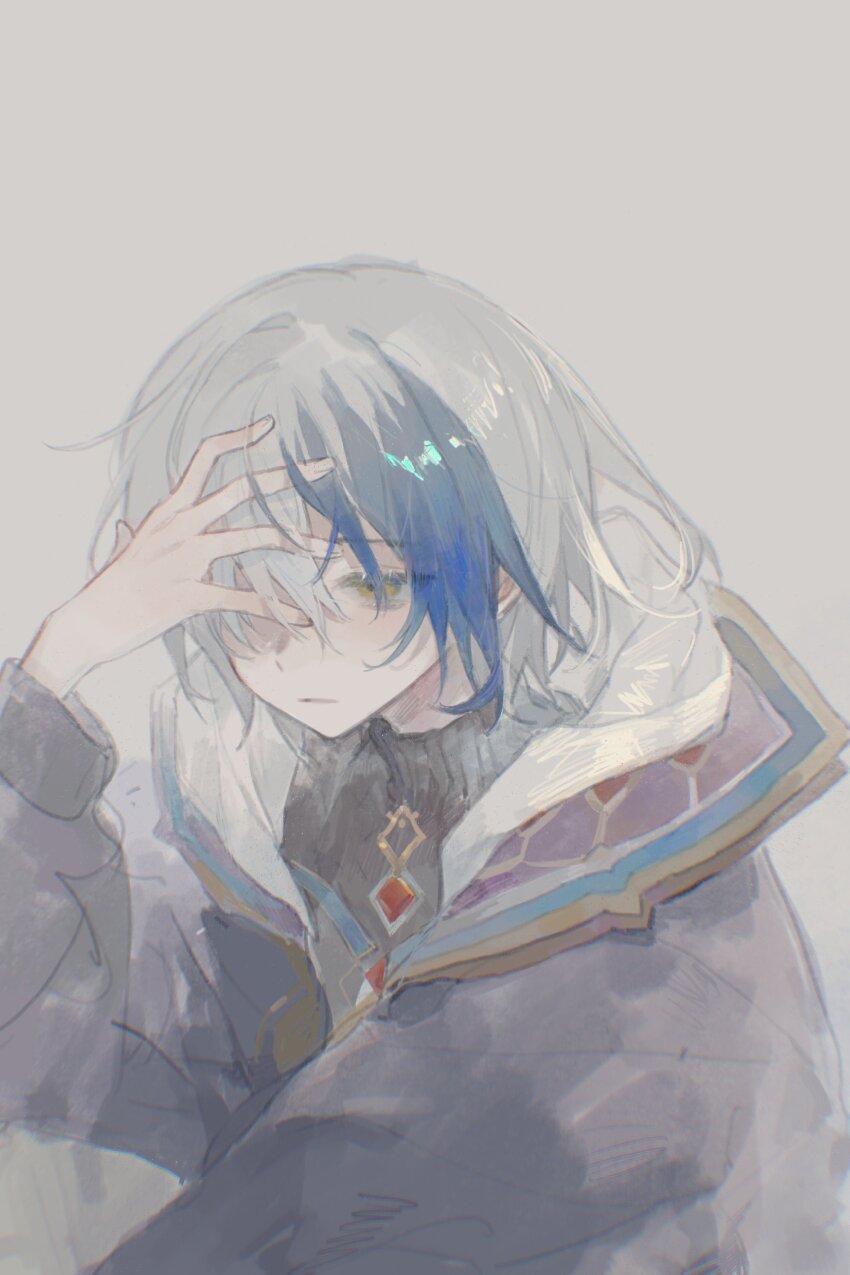 1boy :| absurdres bacheally blue_hair closed_mouth grey_hair hand_on_own_forehead head_down high_collar highres hood hood_down hooded_jacket jacket long_sleeves looking_down male_focus merc_storia multicolored_hair outstretched_hand short_hair simple_background sketch solo streaked_hair sweater turtleneck upper_body white_background yellow_eyes