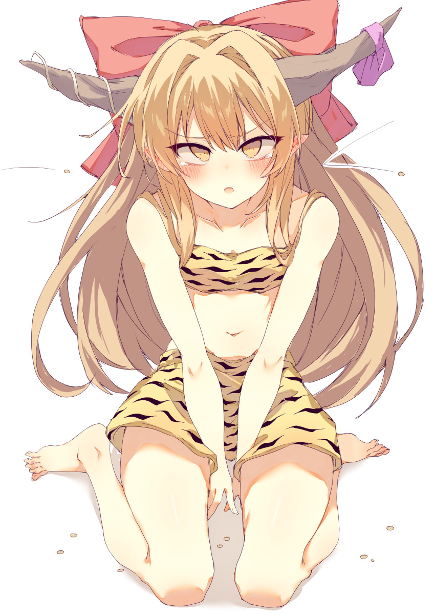 1girl absurdres animal_print barefoot beans bow commentary_request full_body hair_bow highres horns ibuki_suika long_hair looking_at_viewer mamemaki navel orange_eyes orange_hair pointy_ears red_bow seika_okawari setsubun simple_background sitting skirt solo tiger_print touhou wariza white_background