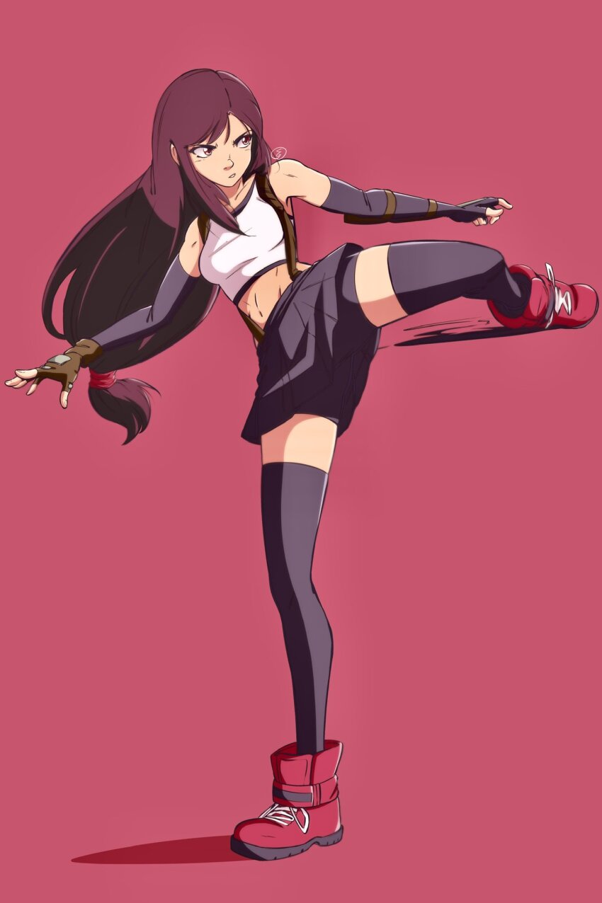 1girl black_skirt black_thighhighs commentary crop_top elbow_gloves english_commentary final_fantasy fingerless_gloves full_body gloves highres leg_up looking_to_the_side pink_background red_eyes shadow simple_background skirt solo suspenders thejg thighhighs tifa_lockhart