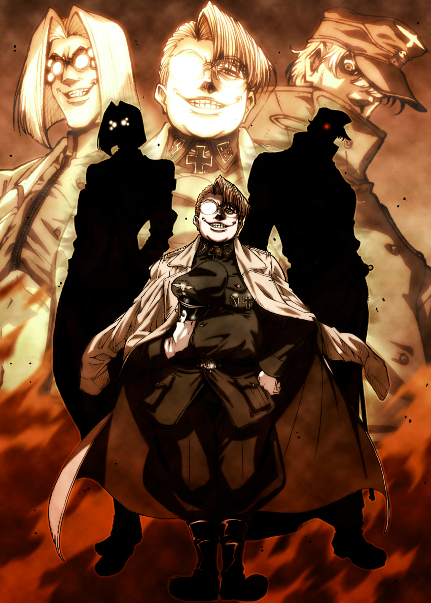 3boys blonde_hair captain_(hellsing) doctor_(hellsing) fat fat_man glasses glowing glowing_eye grin hat hellsing highres imasan jacket jacket_on_shoulders lab_coat major_(hellsing) male_focus military military_uniform multiple_boys silhouette smile zoom_layer