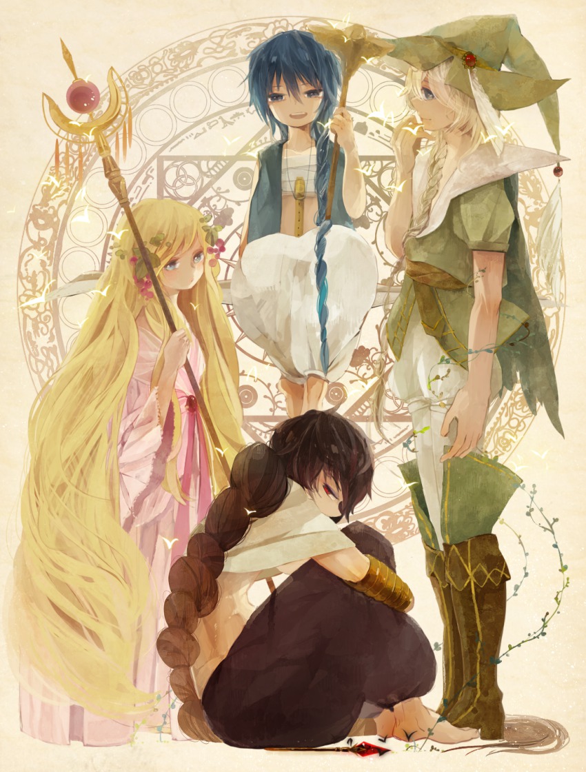 1girl 3boys aladdin_(magi) barefoot black_hair blonde_hair blue_eyes blue_hair braid dress flute food fruit grapes hair_ornament hat highres instrument jewelry judal long_hair magi_the_labyrinth_of_magic midriff multiple_boys necklace red_eyes scheherazade_(magi) shiyoko_(syokorate) staff very_long_hair witch_hat yunan