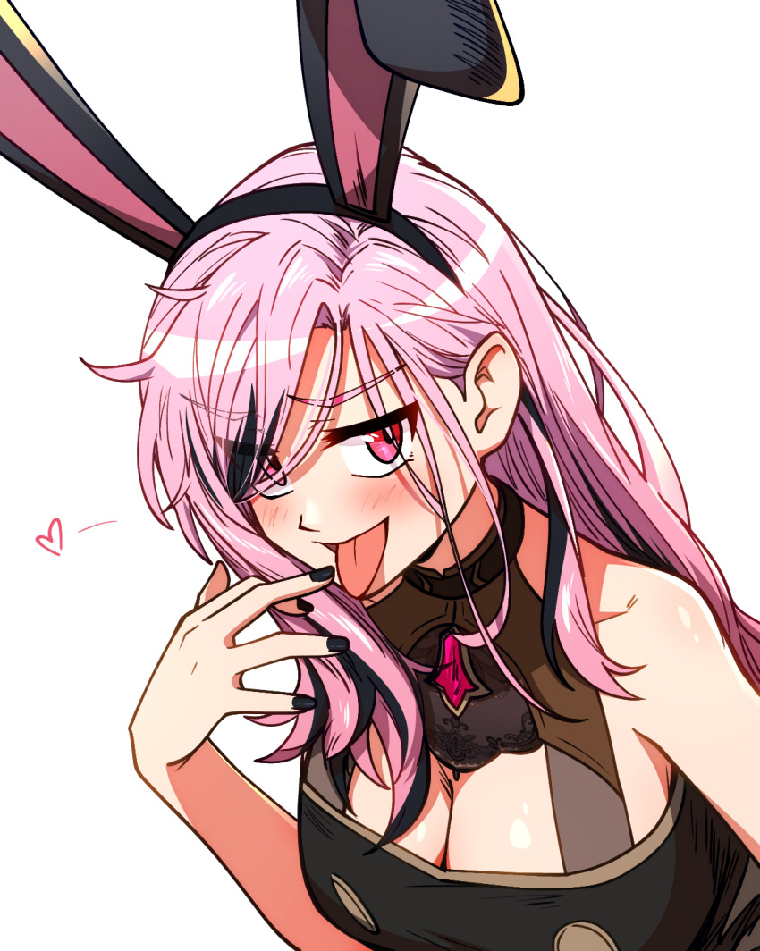 1girl animal_ear_hairband animal_ears bare_shoulders black_dress black_hair black_nails blush breasts cleavage ddolbang dress eyes_visible_through_hair fake_animal_ears hair_over_one_eye hairband heart highres hololive hololive_english large_breasts long_hair looking_at_viewer messy_hair mori_calliope mori_calliope_(1st_costume) multicolored_hair official_alternate_hairstyle pink_eyes pink_hair rabbit_ear_hairband rabbit_ears red_brooch streaked_hair tongue tongue_out virtual_youtuber