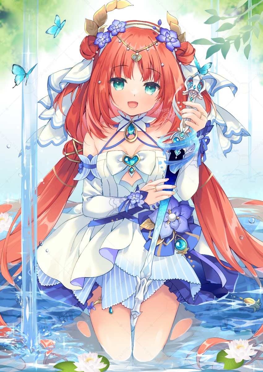 1girl :d aqua_eyes bare_shoulders blue_butterfly blue_dress blue_gemstone blush breasts bug butterfly circlet detached_sleeves double_bun dress fingernails flower gem genshin_impact hair_bun hair_flower hair_ornament hashtag-only_commentary highres holding holding_sword holding_weapon insect long_hair looking_at_viewer medium_breasts multicolored_clothes multicolored_dress nilou_(breeze_of_sabaa)_(genshin_impact) nilou_(genshin_impact) official_alternate_costume open_mouth partially_submerged purinpurin purple_flower red_hair smile solo splendor_of_tranquil_waters_(genshin_impact) sword veil very_long_hair weapon white_dress white_sleeves white_veil