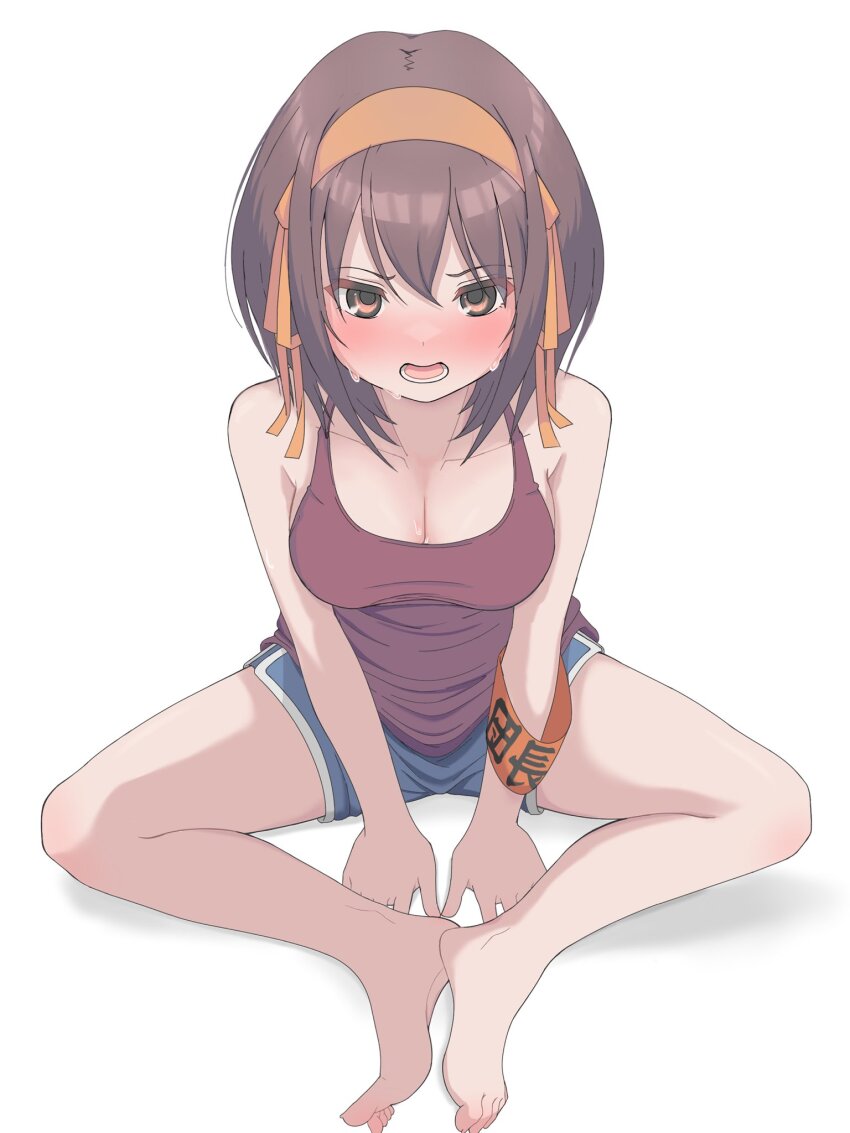 1girl armband armpit_crease bare_shoulders barefoot blue_shorts blush breasts brown_eyes brown_hair butterfly_sitting camisole cleavage dolphin_shorts feet hairband highres large_breasts lower_teeth_only medium_hair open_mouth orange_hairband rai_iceblast red_camisole short_shorts shorts simple_background sitting sleeveless solo suzumiya_haruhi suzumiya_haruhi_no_yuuutsu sweat teeth toes white_background