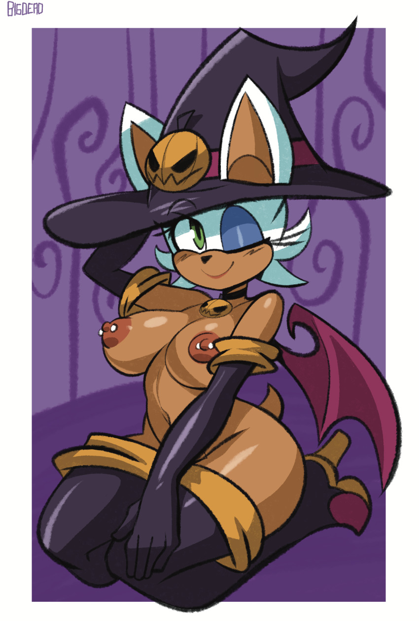 1girl absurdres animal_ears bat_ears bat_wings bigdead black_gloves boots breasts closed_mouth elbow_gloves full_body functionally_nude furry gloves green_eyes hat high_heel_boots high_heels highres kneeling large_breasts navel nipple_piercing nipples one_eye_closed piercing purple_background rouge_the_bat smile solo sonic_(series) tail thigh_boots wings wink witch_hat