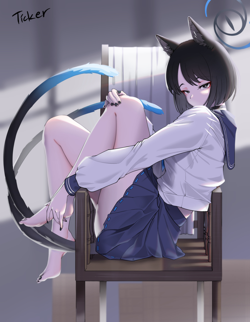 1girl animal_ears armchair barefoot black_choker black_eyes black_hair black_nails blue_archive blue_skirt cat_ears cat_girl cat_tail chair choker feet from_side full_body halo hand_on_own_knee highres kikyou_(blue_archive) long_sleeves looking_at_viewer multiple_tails shirt short_hair sitting skirt solo tail ticker_(kks2ksy) two_tails white_shirt