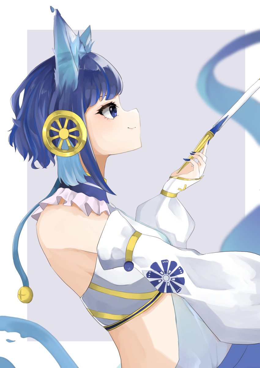 1girl absurdres animal_ears blue_eyes blue_hair blue_nails braid breasts cane cat_ears cat_girl closed_mouth cowboy_shot crop_top detached_sleeves duel_monster food-themed_hair_ornament from_side grey_background hair_ornament highres holding holding_cane japanese_clothes medium_breasts midriff ni-ni_the_mirror_mikanko nontraditional_miko relns simple_background smile solo water white_sleeves yu-gi-oh!