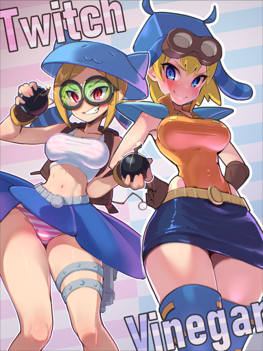 2girls animal_hat backpack bag blonde_hair blue_eyes bomb boots breasts character_name commentary covered_navel crop_top english_commentary explosive fingerless_gloves glasses gloves goggles goggles_on_head hands_on_own_hips hat highres holding holding_bomb leotard lit_fuse looking_at_viewer midriff momochi_momotan multiple_girls navel panties red_eyes round_eyewear shantae_(series) short_hair skirt smile striped_background striped_clothes striped_panties teeth thigh_boots thigh_strap twintails twitch_(shantae) underwear vinegar_(shantae)