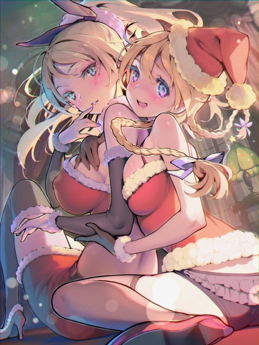 2girls ass black_panties black_thighhighs blonde_hair blue_eyes blush braid breasts christmas commentary_request detached_sleeves fur_trim gloves hat high_heels highres hug hug_from_behind indoors large_breasts looking_at_viewer multiple_girls open_mouth original panties parted_lips ponytail santa_costume santa_hat sitting smile thighhighs tinkle_bell twin_braids underwear