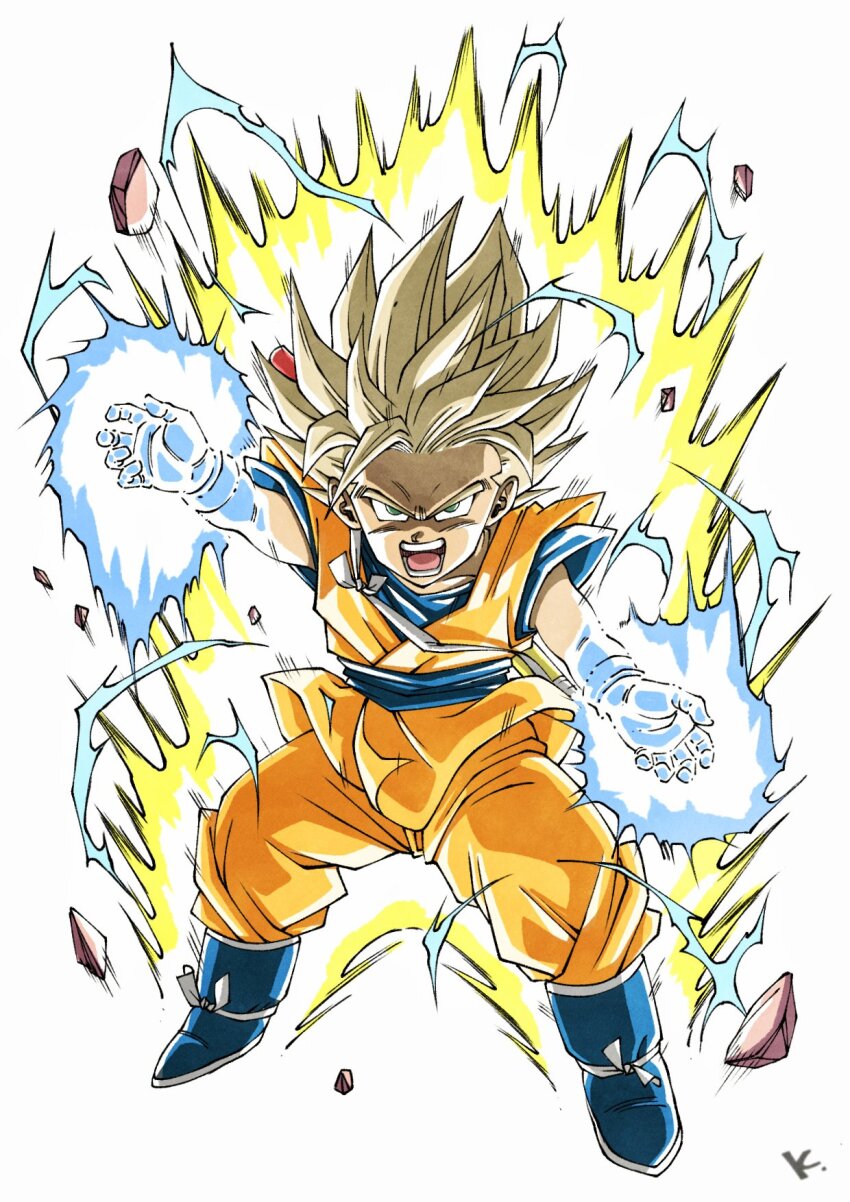 1boy aura belt blonde_hair blue_belt blue_boots blue_shirt boots child dougi dragon_ball dragon_ball_daima energy full_body highres kakeru_(dbskakeru) looking_at_viewer male_focus open_mouth orange_pants pants rock shirt short_sleeves simple_background solo son_goku spiked_hair standing super_saiyan teeth white_background yellow_aura