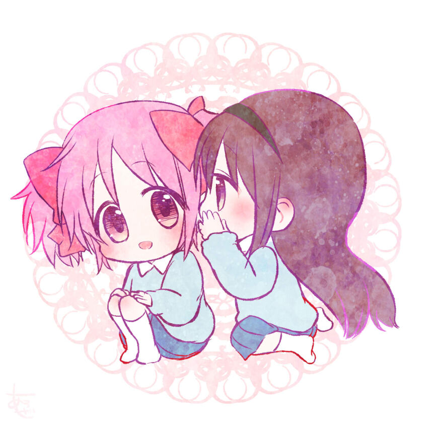 2girls aged_down akemi_homura aroze black_hair black_hairband blue_shirt blue_skirt bow chibi child collared_shirt commentary_request hair_bow hairband hand_on_own_cheek hand_on_own_face hands_on_own_knees kaname_madoka kneehighs kneeling knees knees_up light_blush light_particles long_hair mahou_shoujo_madoka_magica mahou_shoujo_madoka_magica_(anime) mandala medium_skirt miniskirt multiple_girls open_mouth outline pink_bow pink_eyes pink_hair pink_outline pleated_skirt purple_eyes purple_outline school_uniform shirt short_hair short_twintails signature sitting skirt smile socks twintails very_long_hair whispering white_background white_socks